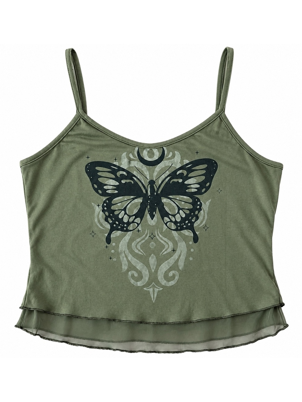 Y2K Olive Green Butterfly Cami Top Sheer Mesh Layered Hem Fairy Grunge Boho